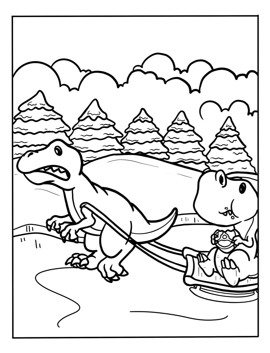 Christmas-Dinosaur-Coloring-Page-Sleigh