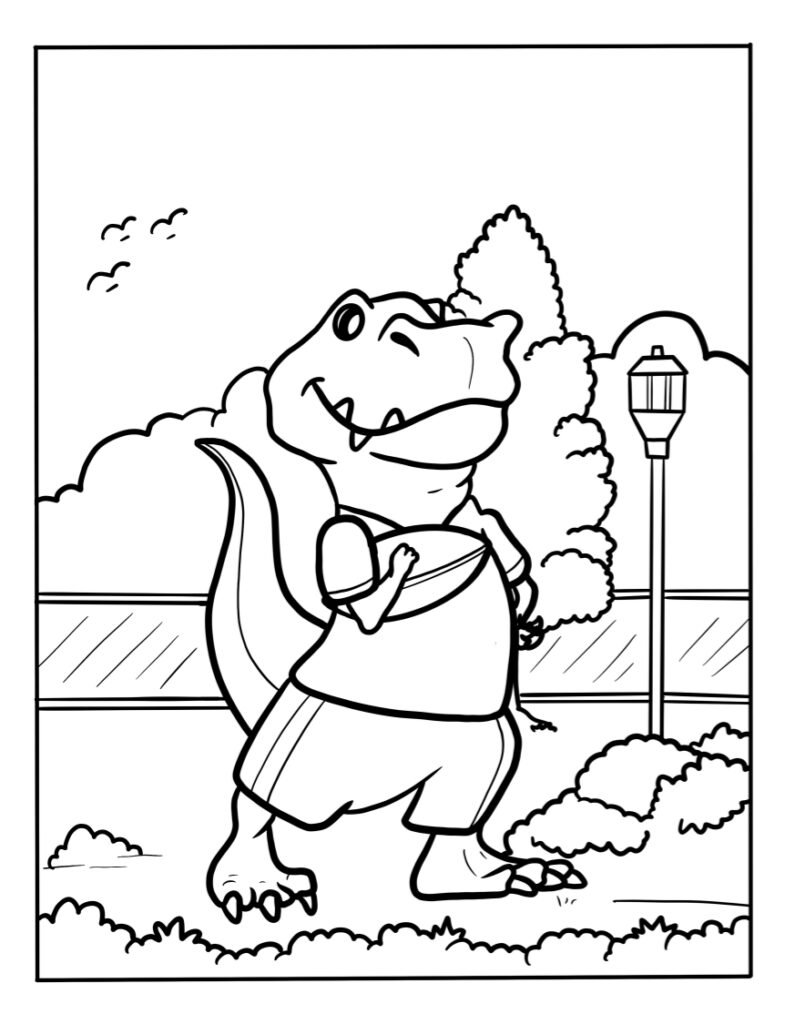 this is a coloring page with a football playing dinosaur