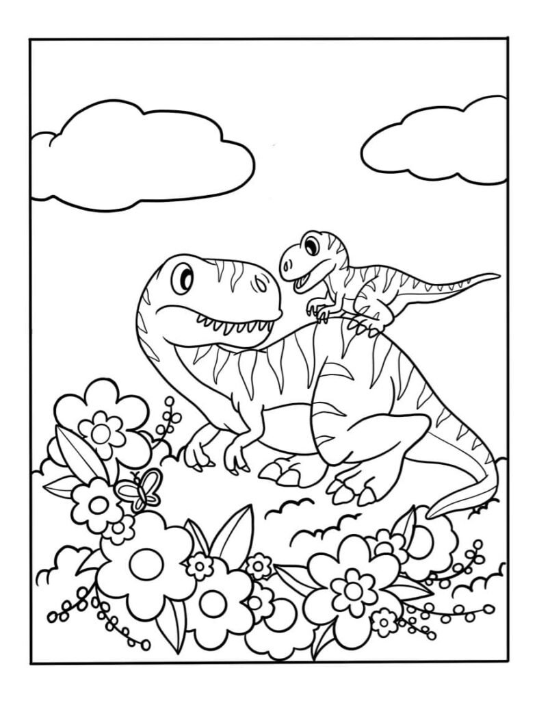 Spring-Flowers-Dinosaur-Coloring-Page