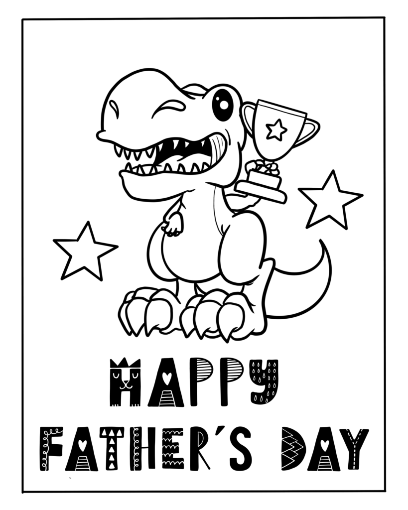 a coloring page for fathers day with a dinosaur holding a cup