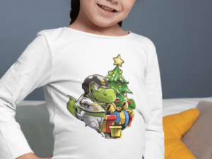 girl wearing a christmas football shirt with a dinosaur