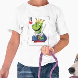 a kid wearing a shirt with a dinosaur king