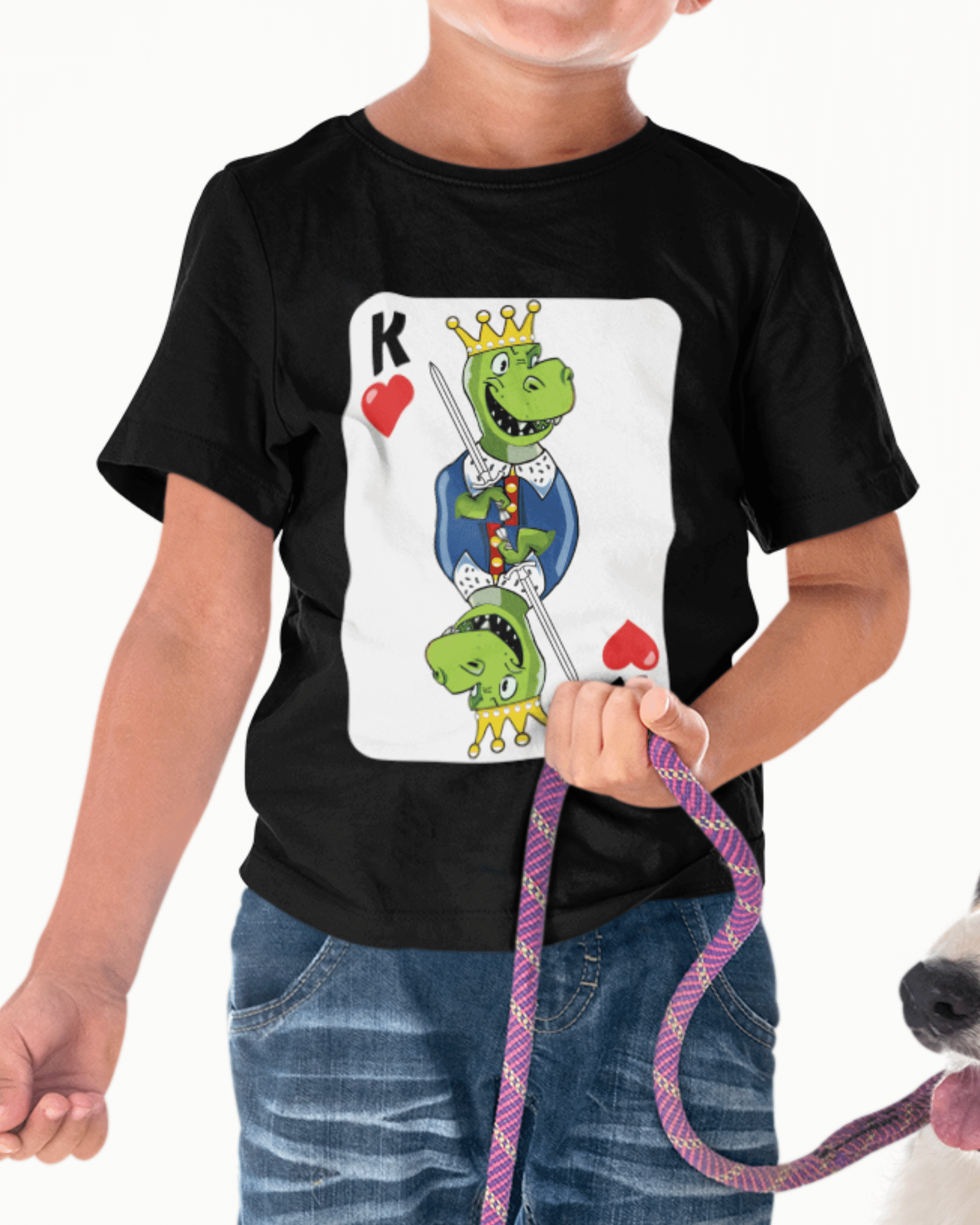 boy wearing a shirt with a dinosaur playing card motif