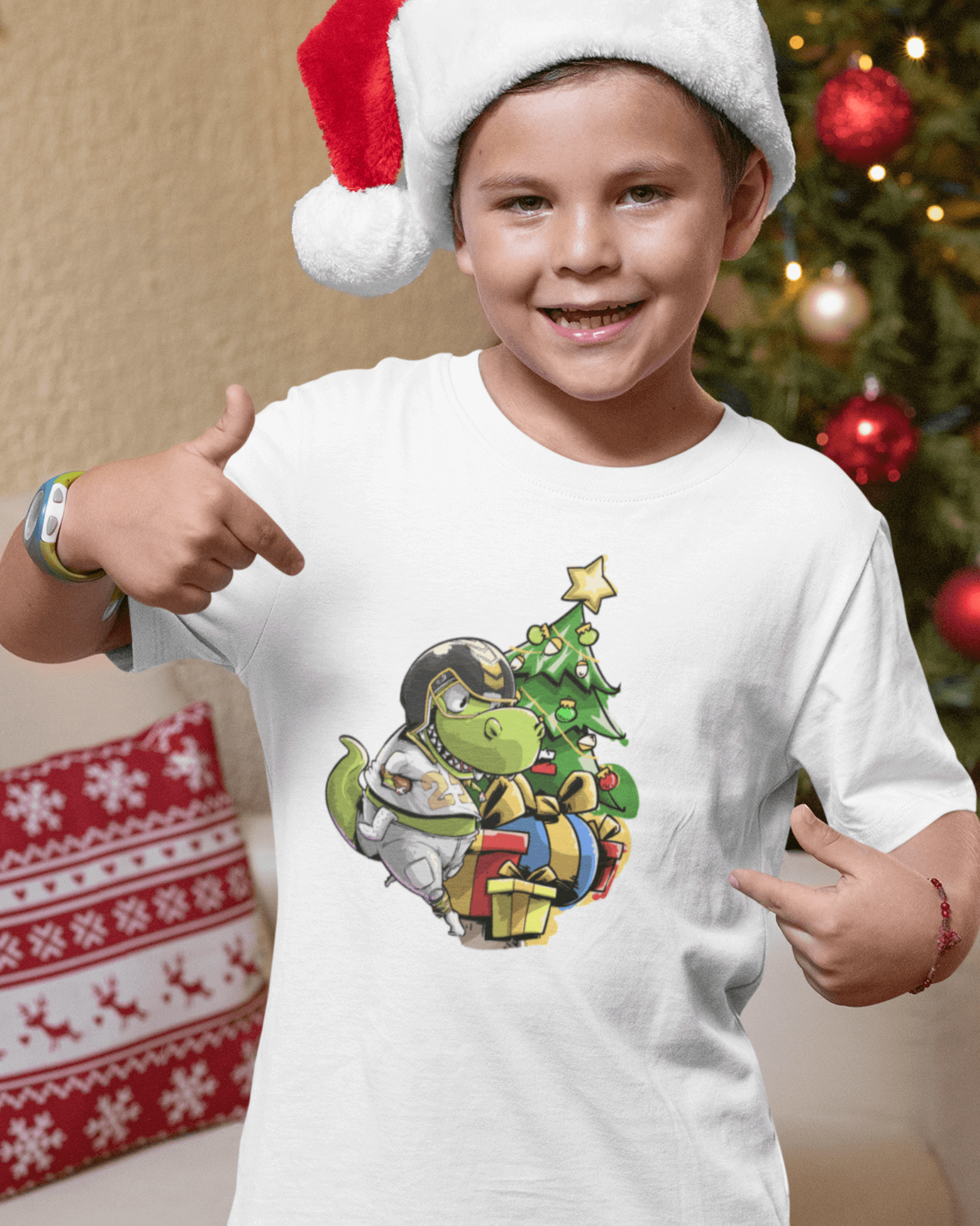 photo shows a boy wearing a football t shirt on christmas