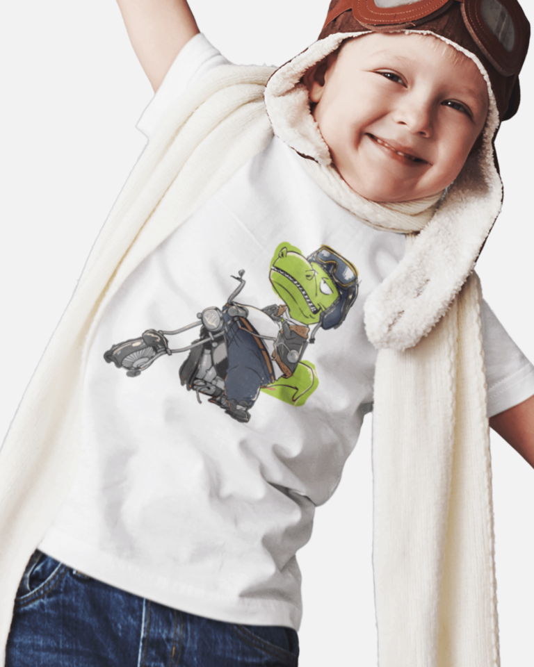photo shows a Motorcycle Shirt For Boys with a cool t rex