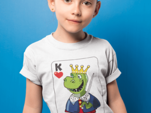 girl wearing a shirt with a dinosaur king playing card