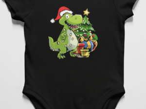 onsie with a dinosaur wearing a santa claus hat and a christmas tree in the background design