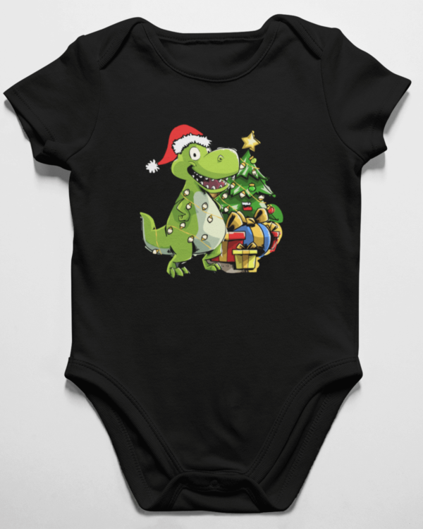 onsie with a dinosaur wearing a santa claus hat and a christmas tree in the background design