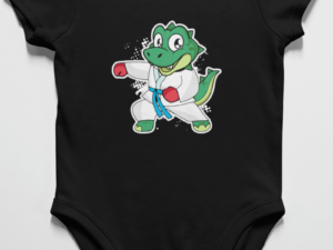 onesie with a martial arts dinosaur design on it