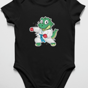 onesie with a martial arts dinosaur design on it