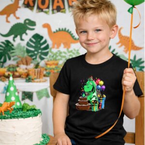 boy wearing a birthday shirt with a dinosaur on it