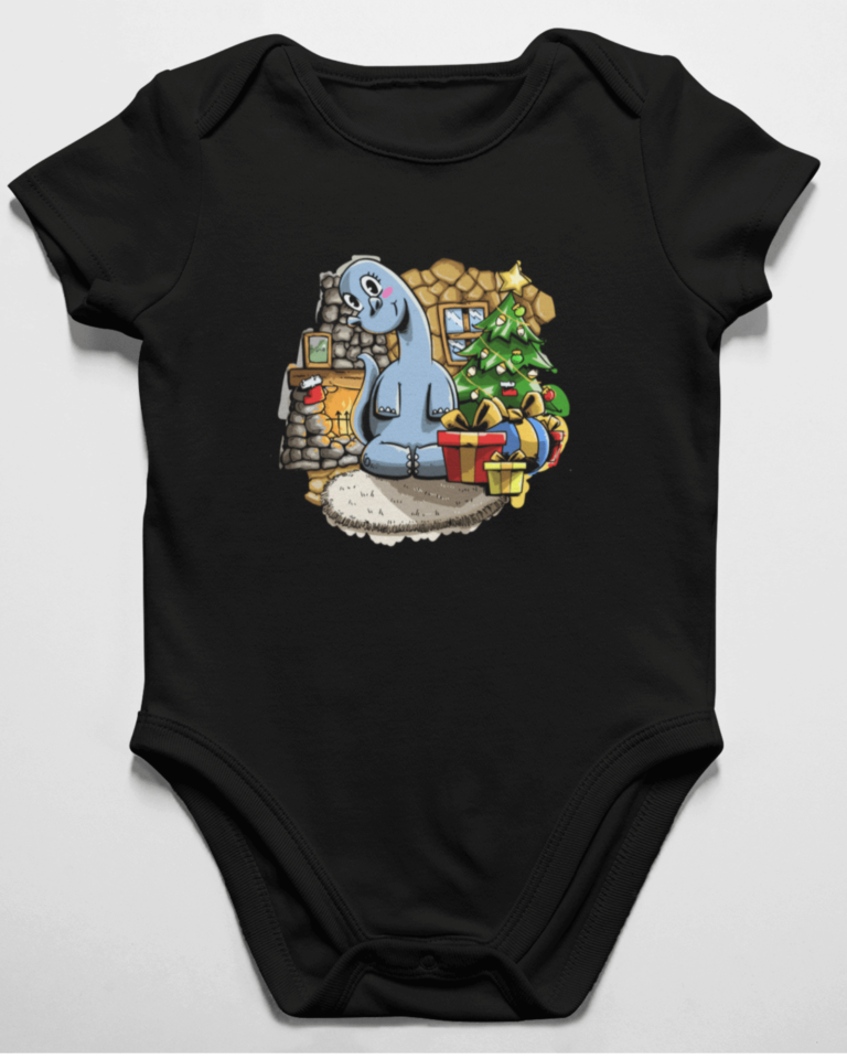 a onesie for christmas with a blue dinosaur on it