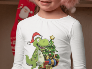 a girl wearing a christmas dinosaur shirt