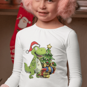 a girl wearing a christmas dinosaur shirt