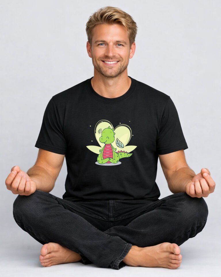 Mens Meditation T Shirt With A Dinosaur, Cute Animals