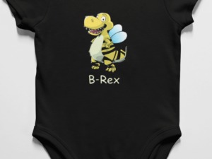 baby clothes onesie with a dinosaur that looks like a bee design on it