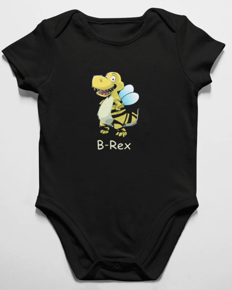 baby clothes onesie with a dinosaur that looks like a bee design on it