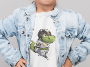 girl wearing a dinosaur football shirt