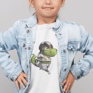 girl wearing a dinosaur football shirt