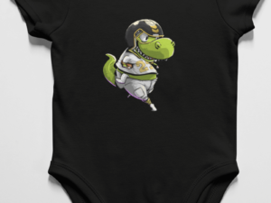 onesie with a football playing dinosaur on it