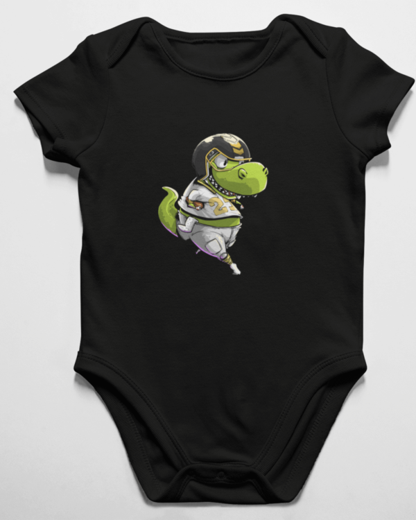 onesie with a football playing dinosaur on it