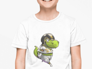 photo of a boy wearing a dinosaur football t shirt