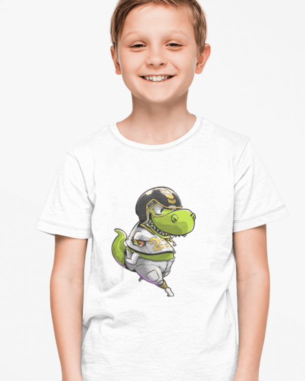 photo of a boy wearing a dinosaur football t shirt