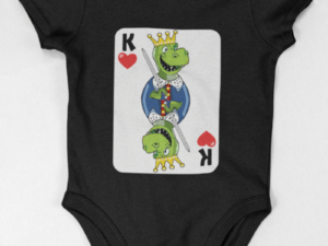 picture shows a baby onesie for boys with a dinosaur king on it