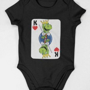 picture shows a baby onesie for boys with a dinosaur king on it