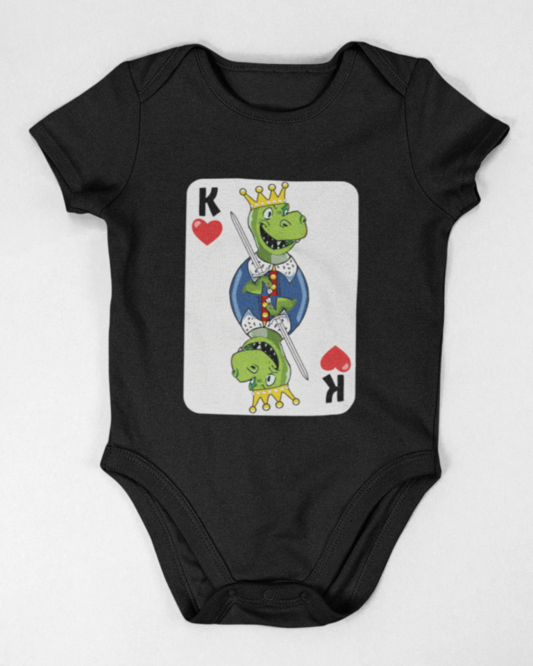picture shows a baby onesie for boys with a dinosaur king on it