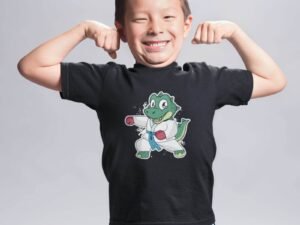 photo shows a young boy wearing a martial arts shirt