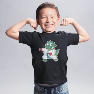 photo shows a young boy wearing a martial arts shirt
