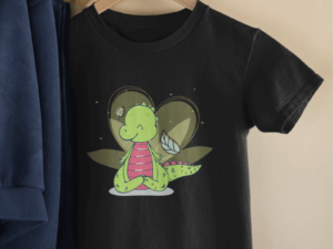 a t shirt for kids with a meditating dinosaur