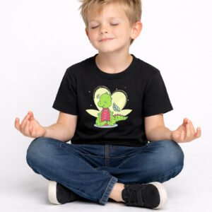 a t shirt for kids with a meditating dinosaur