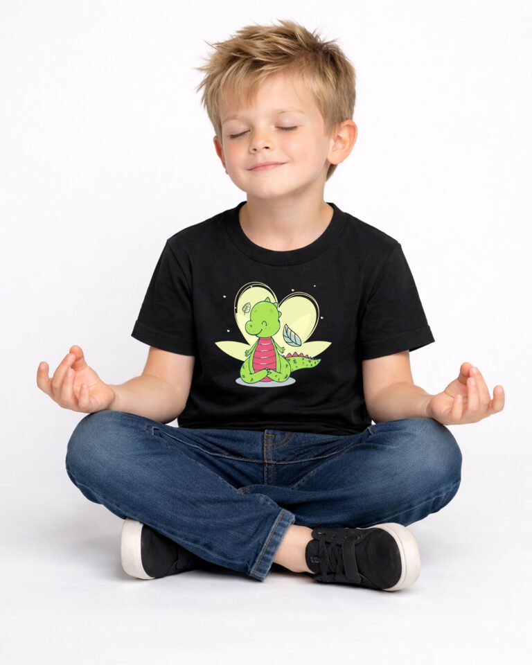 a t shirt for kids with a meditating dinosaur