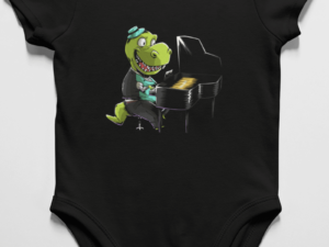 onesie with a piano playing dinosaur design on it