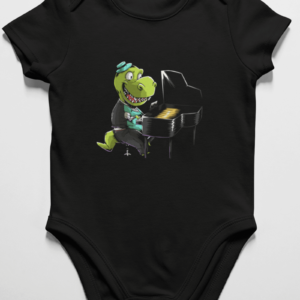 onesie with a piano playing dinosaur design on it