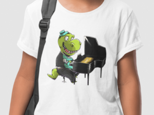 photo shows a boy wearing a shirt with a pianlo playing dinosaur