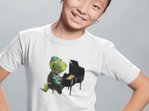 girl wearing a t shirt with a piano playing dinosaur