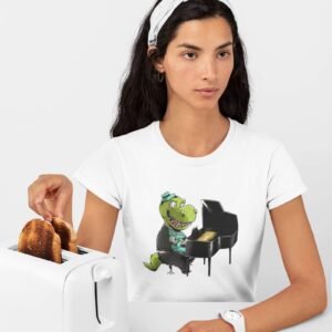 Piano T Shirts With a Dinosaur, T Rex, Animals Playing Musical Instruments