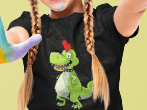 girl wearing a shirt with a punk dinosaur design on it