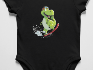 onesie with a snowboarding dinosaur on it