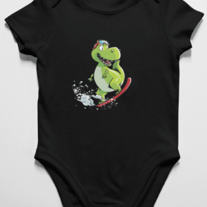 onesie with a snowboarding dinosaur on it