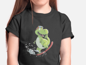 girl wearing a t shirt with a snowboarding dinosaur