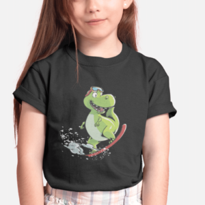 girl wearing a t shirt with a snowboarding dinosaur