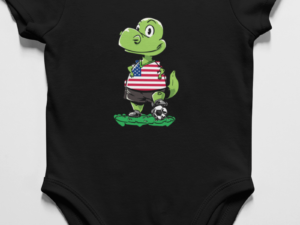 onesie baby clothes with a soccer dinosaur design on it