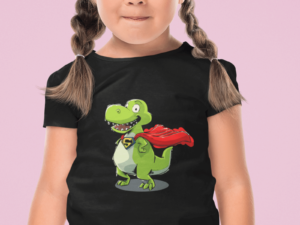 a girl wearing a shirt with a superhero dinosaur on it