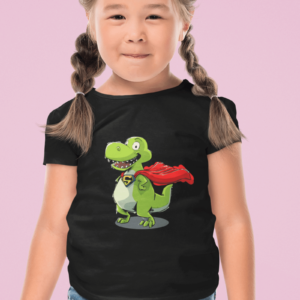 a girl wearing a shirt with a superhero dinosaur on it