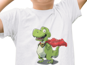 photo shows a boy wearing a superhero t shirt with a dinosaur