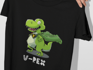 t shirt with a superhero dinosaur wearing a green cape and the words "V Rex"